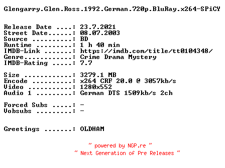NFO for the release Glengarry.Glen.Ross.1992.German.720p.BluRay.x264-SPiCY by SPiCY