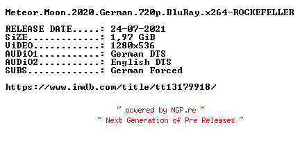 NFO for the release Meteor.Moon.2020.German.720p.BluRay.x264-ROCKEFELLER by ROCKEFELLER