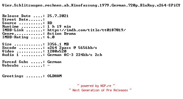NFO for the release Vier.Schlitzaugen.rechnen.ab.Kinofassung.1979.German.720p.BluRay.x264-SPiCY by SPiCY