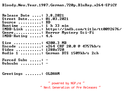 NFO for the release Bloody.New.Year.1987.German.720p.BluRay.x264-SPiCY by SPiCY