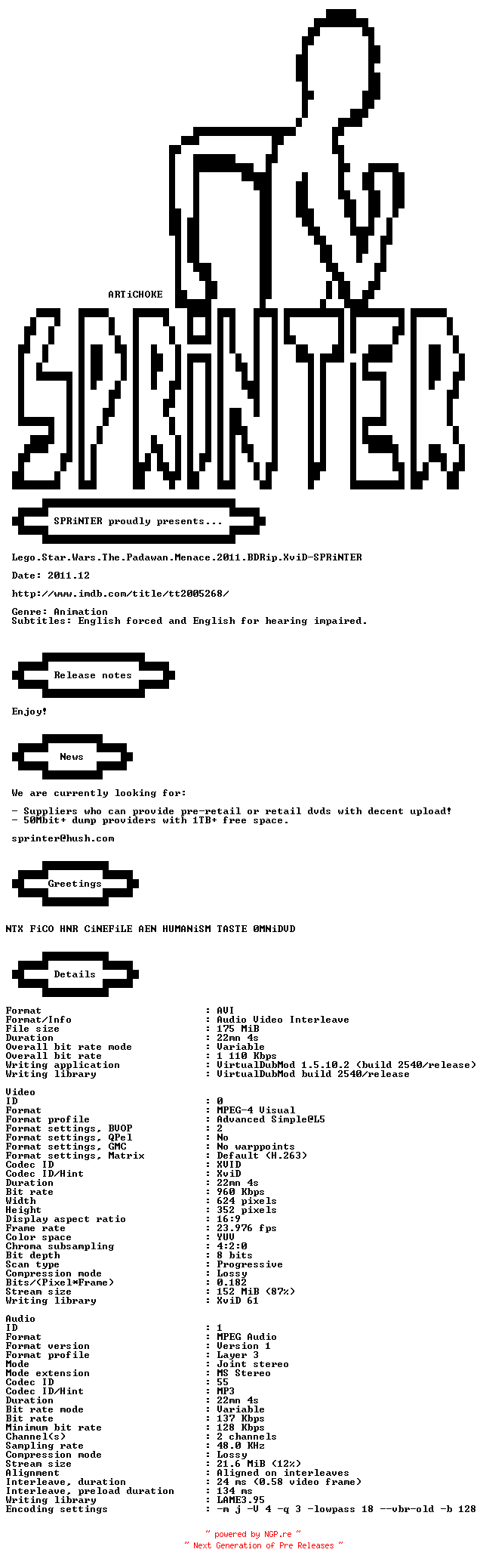 NFO for the release Lego.Star.Wars.The.Padawan.Menace.2011.BDRip.XviD-SPRiNTER by SPRiNTER