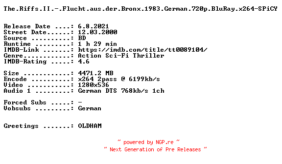NFO for the release The.Riffs.II.-.Flucht.aus.der.Bronx.1983.German.720p.BluRay.x264-SPiCY by SPiCY