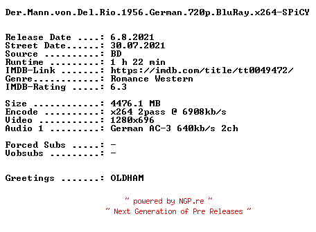 NFO for the release Der.Mann.von.Del.Rio.1956.German.720p.BluRay.x264-SPiCY by SPiCY