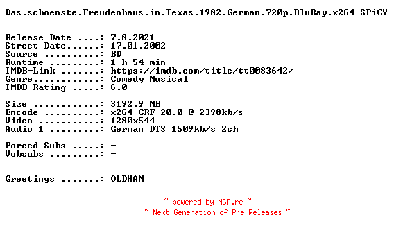 NFO for the release Das.schoenste.Freudenhaus.in.Texas.1982.German.720p.BluRay.x264-SPiCY by SPiCY