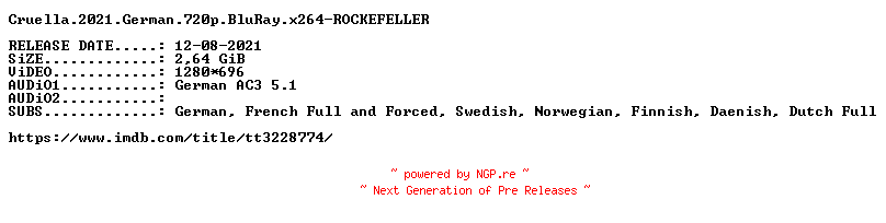 NFO for the release Cruella.2021.German.720p.BluRay.x264-ROCKEFELLER by ROCKEFELLER