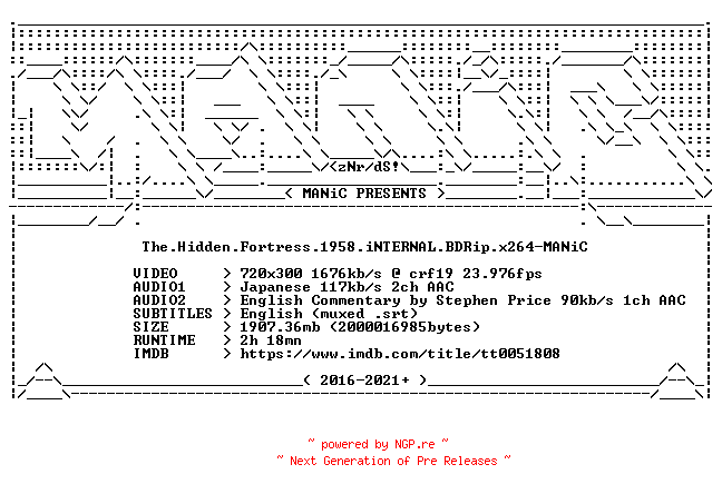 NFO for the release The.Hidden.Fortress.1958.iNTERNAL.BDRip.x264-MANiC by MANiC