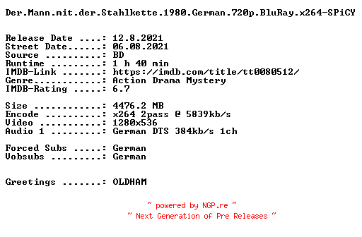 NFO for the release Der.Mann.mit.der.Stahlkette.1980.German.720p.BluRay.x264-SPiCY by SPiCY