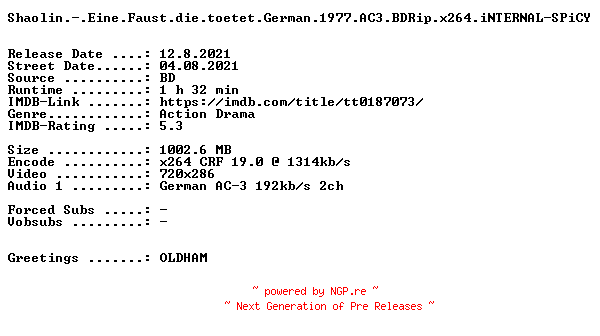 NFO for the release Shaolin.-.Eine.Faust.die.toetet.German.1977.AC3.BDRip.x264.iNTERNAL-SPiCY by SPiCY
