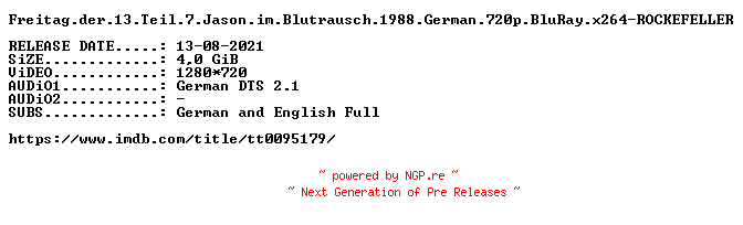 NFO for the release Freitag.der.13.Teil.7.Jason.im.Blutrausch.1988.German.720p.BluRay.x264-ROCKEFELLER by ROCKEFELLER