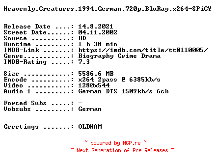 NFO for the release Heavenly.Creatures.1994.German.720p.BluRay.x264-SPiCY by SPiCY