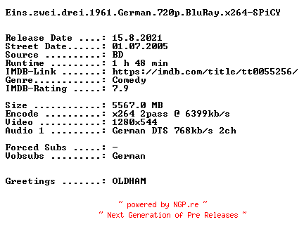 NFO for the release Eins.zwei.drei.1961.German.720p.BluRay.x264-SPiCY by SPiCY