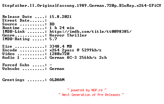 NFO for the release Stepfather.II.Originalfassung.1989.German.720p.BluRay.x264-SPiCY by SPiCY