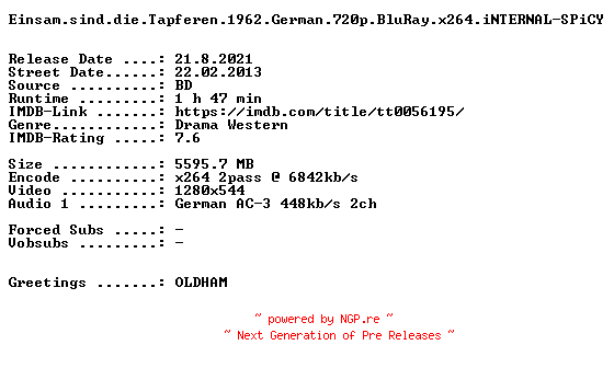 NFO for the release Einsam.sind.die.Tapferen.1962.German.720p.BluRay.x264.iNTERNAL-SPiCY by SPiCY