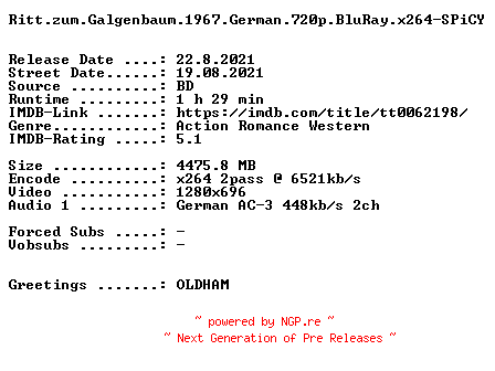 NFO for the release Ritt.zum.Galgenbaum.1967.German.720p.BluRay.x264-SPiCY by SPiCY