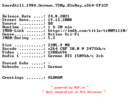 NFO for the release Swordkill.1984.German.720p.BluRay.x264-SPiCY by SPiCY