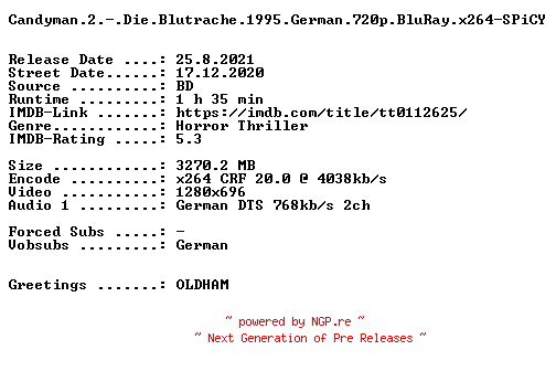 NFO for the release Candyman.2.-.Die.Blutrache.1995.German.720p.BluRay.x264-SPiCY by SPiCY