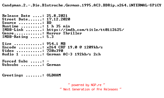 NFO for the release Candyman.2.-.Die.Blutrache.German.1995.AC3.BDRip.x264.iNTERNAL-SPiCY by SPiCY