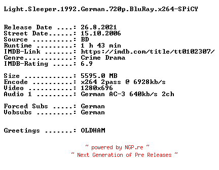 NFO for the release Light.Sleeper.1992.German.720p.BluRay.x264-SPiCY by SPiCY