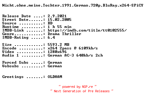 NFO for the release Nicht.ohne.meine.Tochter.1991.German.720p.BluRay.x264-SPiCY by SPiCY