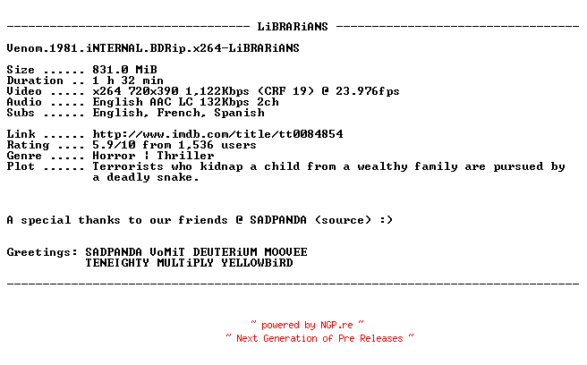 NFO for the release Venom.1981.iNTERNAL.BDRip.x264-LiBRARiANS by LiBRARiANS
