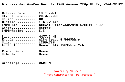 NFO for the release Die.Hexe.des.Grafen.Dracula.1968.German.720p.BluRay.x264-SPiCY by SPiCY