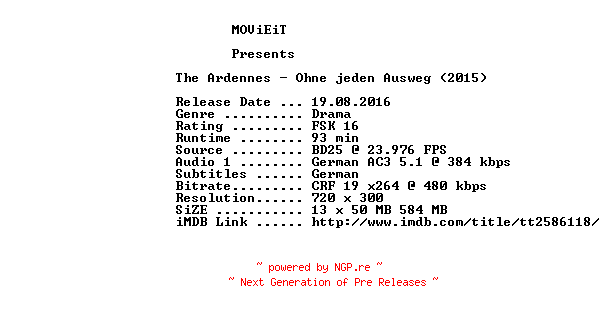 NFO for the release The.Ardennes.Ohne.jeden.Ausweg.German.2015.AC3.BDRip.x264-MOViEiT by MOViEiT