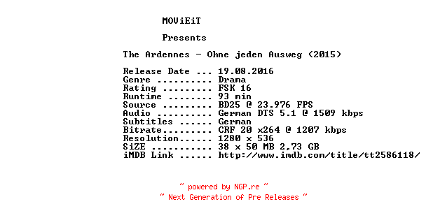 NFO for the release The.Ardennes.Ohne.jeden.Ausweg.2015.GERMAN.720p.BluRay.x264-MOViEiT by MOViEiT