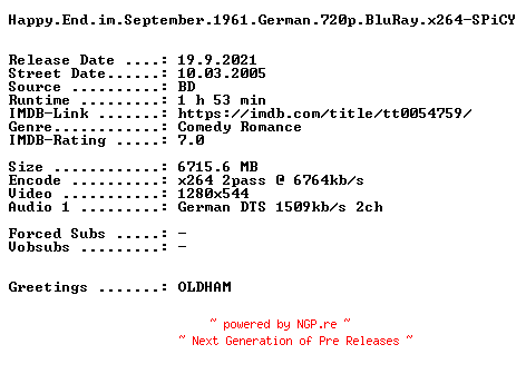 NFO for the release Happy.End.im.September.1961.German.720p.BluRay.x264-SPiCY by SPiCY