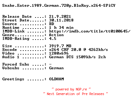 NFO for the release Snake.Eater.1989.German.720p.BluRay.x264-SPiCY by SPiCY