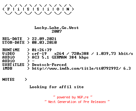 NFO for the release Lucky.Luke.Go.West.German.2007.BDRiP.x264.iNTERNAL-FiSSiON by FiSSiON