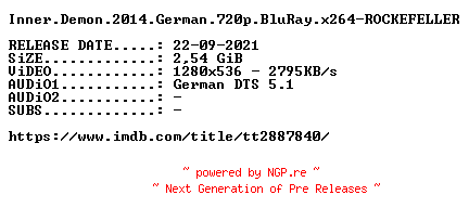 NFO for the release Inner.Demon.2014.German.720p.BluRay.x264-ROCKEFELLER by ROCKEFELLER