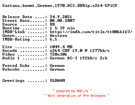 NFO for the release Sartana.kommt.German.1970.AC3.BDRip.x264-SPiCY by SPiCY