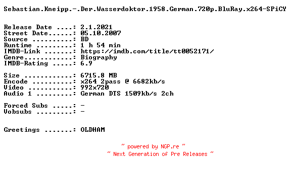 NFO for the release Sebastian.Kneipp.-.Der.Wasserdoktor.1958.German.720p.BluRay.x264-SPiCY by SPiCY