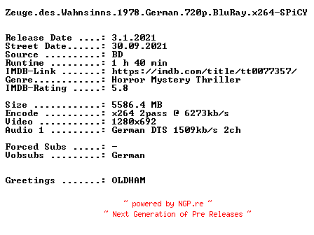 NFO for the release Zeuge.des.Wahnsinns.1978.German.720p.BluRay.x264-SPiCY by SPiCY