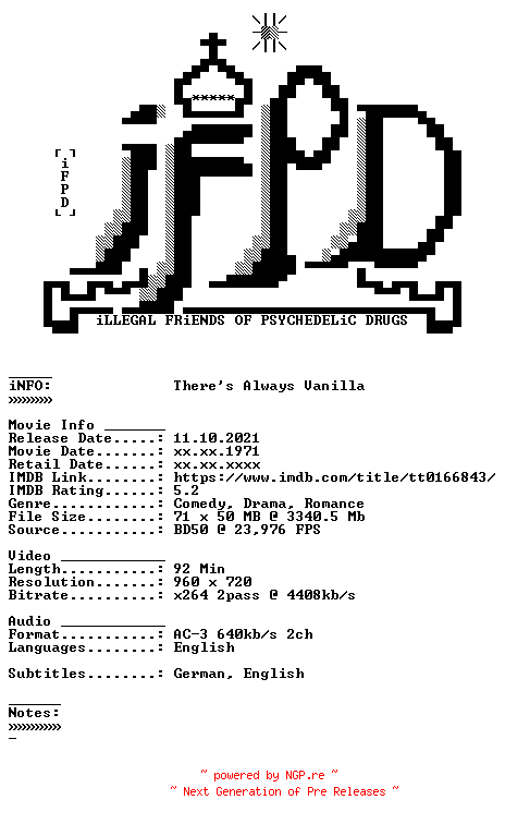 NFO for the release Theres.Always.Vanilla.1971.German.Subbed.720p.BluRay.x264-iFPD by iFPD