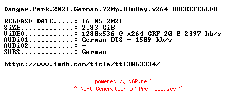 NFO for the release Danger.Park.Toedliche.Safari.2021.German.720p.BluRay.x264-ROCKEFELLER by ROCKEFELLER