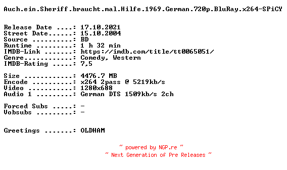 NFO for the release Auch.ein.Sheriff.braucht.mal.Hilfe.1969.German.720p.BluRay.x264-SPiCY by SPiCY