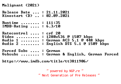 NFO for the release Malignant.2021.German.DL.720p.BluRay.x264-COiNCiDENCE by COiNCiDENCE