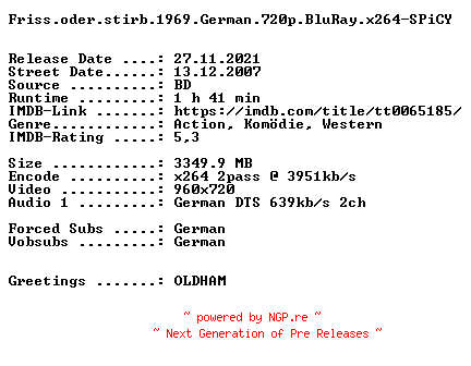 NFO for the release Friss.oder.stirb.1969.German.720p.BluRay.x264-SPiCY by SPiCY