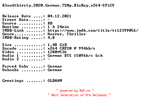 NFO for the release Bloodthirsty.2020.German.720p.BluRay.x264-SPiCY by SPiCY