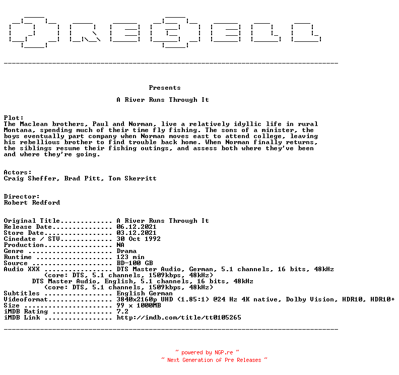 NFO for the release A.River.Runs.Through.It.1992.COMPLETE.UHD.BLURAY-PRECELL by PRECELL