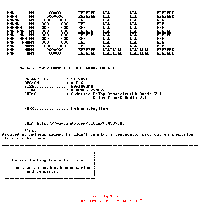 NFO for the release Manhunt.2017.COMPLETE.UHD.BLURAY-NOELLE by NOELLE