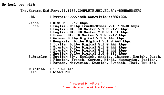 NFO for the release The.Karate.Kid.Part.II.1986.COMPLETE.UHD.BLURAY-B0MBARDiERS by B0MBARDiERS