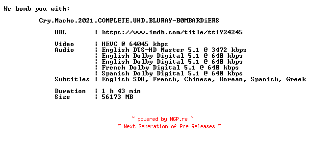 NFO for the release Cry.Macho.2021.COMPLETE.UHD.BLURAY-B0MBARDiERS by B0MBARDiERS