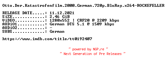 NFO for the release Otto.Der.Katastrofenfilm.2000.German.720p.BluRay.x264-ROCKEFELLER by ROCKEFELLER