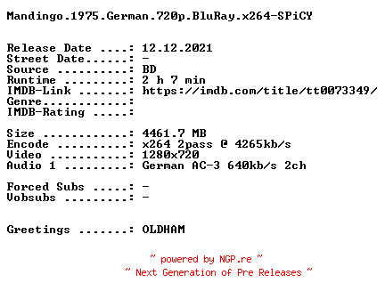 NFO for the release Mandingo.1975.German.720p.BluRay.x264-SPiCY by SPiCY