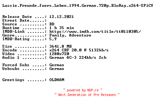 NFO for the release Lassie.Freunde.fuers.Leben.1994.German.720p.BluRay.x264-SPiCY by SPiCY