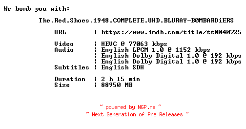 NFO for the release The.Red.Shoes.1948.COMPLETE.UHD.BLURAY-B0MBARDiERS by B0MBARDiERS