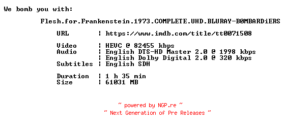NFO for the release Flesh.for.Frankenstein.1973.COMPLETE.UHD.BLURAY-B0MBARDiERS by B0MBARDiERS