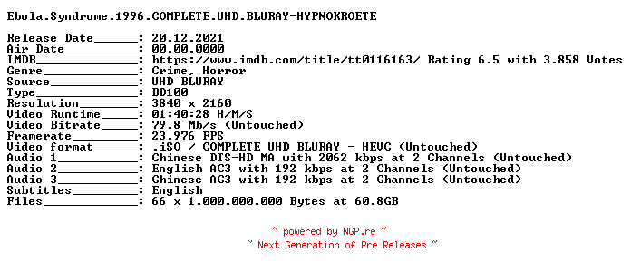 NFO for the release Ebola.Syndrome.1996.COMPLETE.UHD.BLURAY-HYPNOKROETE by HYPNOKROETE